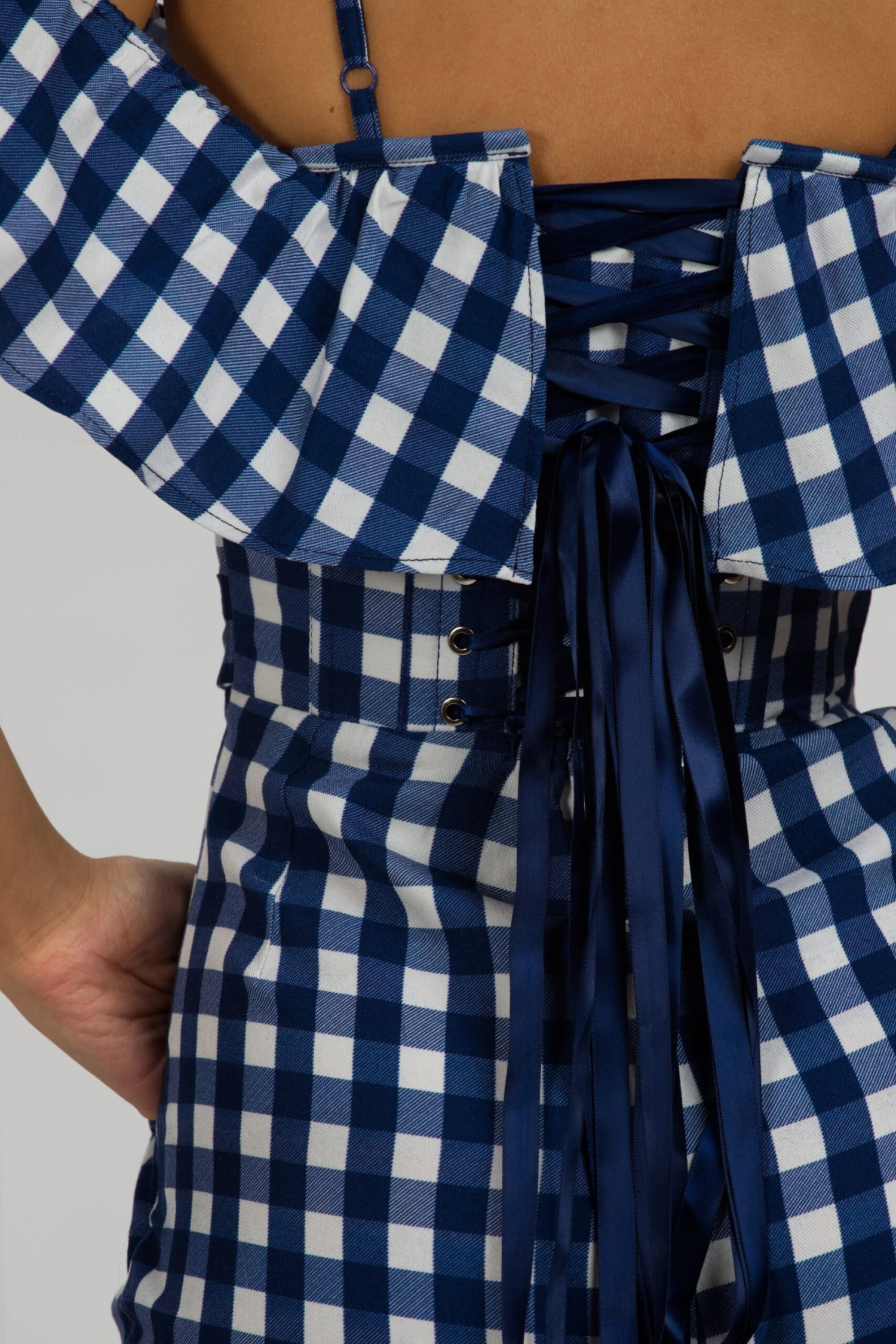 Ivy Gingham Blue Viscose Corset Playsuit With Off The Shoulder Sleeves 13 Ivy Gingham Blue Viscose Corset Playsuit With Off The Shoulder Sleeves - Image 13