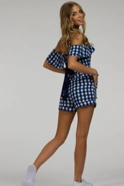 Ivy Gingham Blue Viscose Corset Playsuit With Off The Shoulder Sleeves 15 Ivy Gingham Blue Viscose Corset Playsuit With Off The Shoulder Sleeves -Corset Story SC 066 website 4
