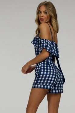 Ivy Gingham Blue Viscose Corset Playsuit With Off The Shoulder Sleeves 18 Ivy Gingham Blue Viscose Corset Playsuit With Off The Shoulder Sleeves -Corset Story SC 066 website 5