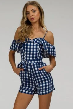 Ivy Gingham Blue Viscose Corset Playsuit With Off The Shoulder Sleeves 20 Ivy Gingham Blue Viscose Corset Playsuit With Off The Shoulder Sleeves -Corset Story SC 066 website 7
