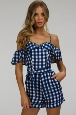 Ivy Gingham Blue Viscose Corset Playsuit With Off The Shoulder Sleeves 16 Ivy Gingham Blue Viscose Corset Playsuit With Off The Shoulder Sleeves -Corset Story SC 066 website 8
