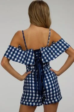 Ivy Gingham Blue Viscose Corset Playsuit With Off The Shoulder Sleeves 24 Ivy Gingham Blue Viscose Corset Playsuit With Off The Shoulder Sleeves -Corset Story SC 066 website 9