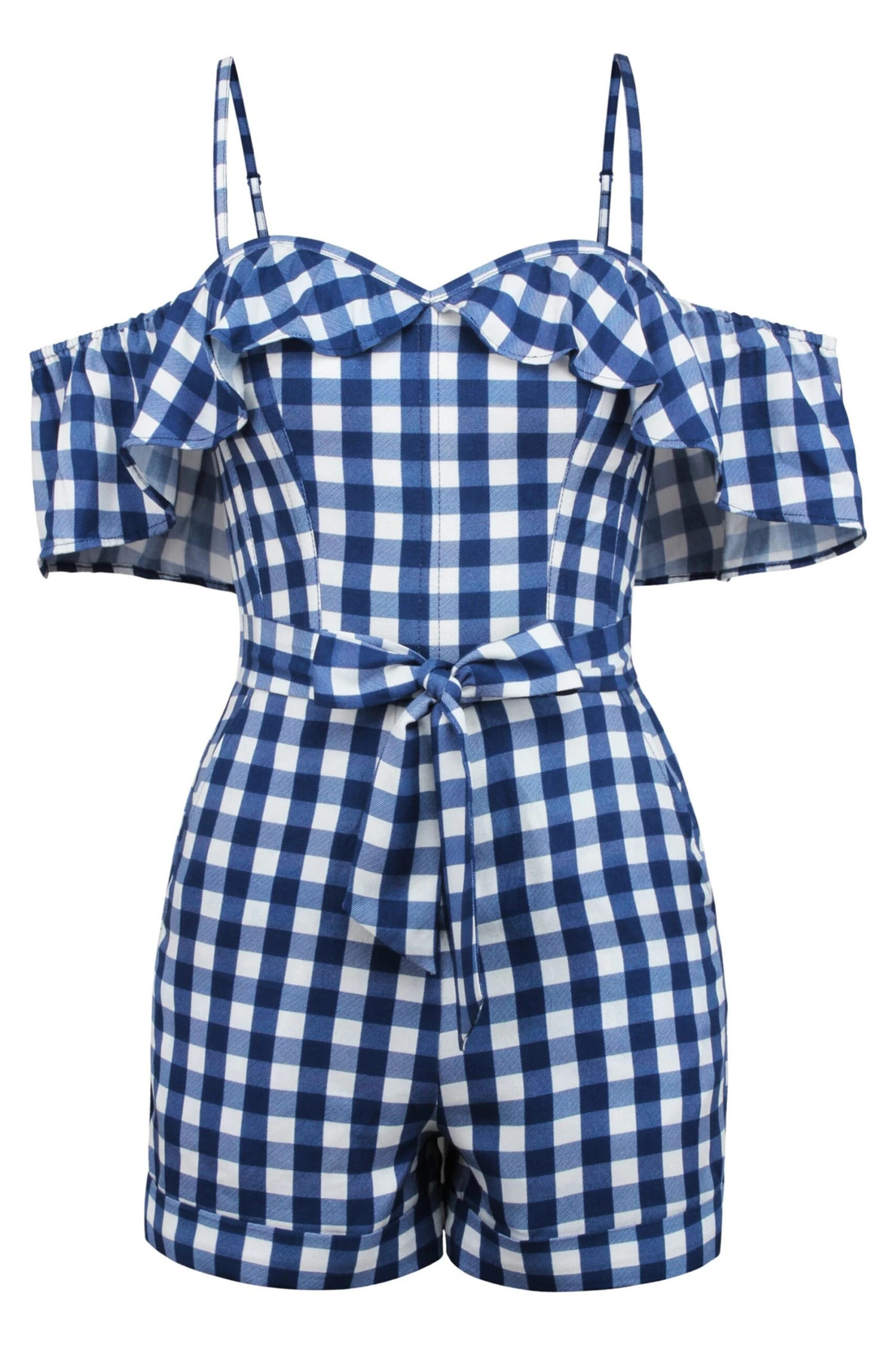 Ivy Gingham Blue Viscose Corset Playsuit With Off The Shoulder Sleeves 1 Ivy Gingham Blue Viscose Corset Playsuit With Off The Shoulder Sleeves