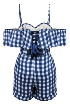 Ivy Gingham Blue Viscose Corset Playsuit With Off The Shoulder Sleeves 22 Ivy Gingham Blue Viscose Corset Playsuit With Off The Shoulder Sleeves -Corset Story SC 0662