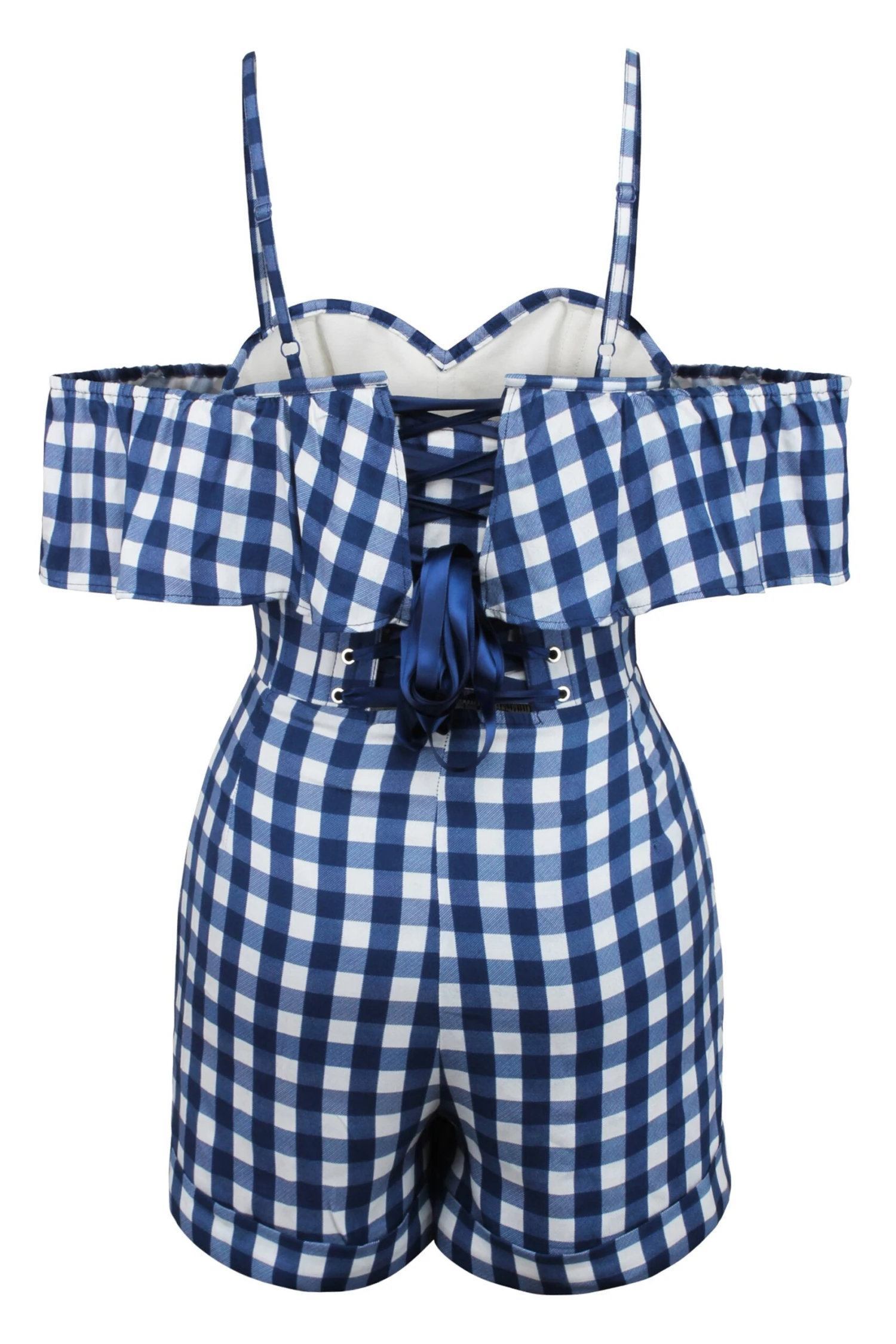 Ivy Gingham Blue Viscose Corset Playsuit With Off The Shoulder Sleeves 10 Ivy Gingham Blue Viscose Corset Playsuit With Off The Shoulder Sleeves - Image 10