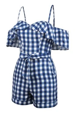 Ivy Gingham Blue Viscose Corset Playsuit With Off The Shoulder Sleeves 23 Ivy Gingham Blue Viscose Corset Playsuit With Off The Shoulder Sleeves -Corset Story SC 0663