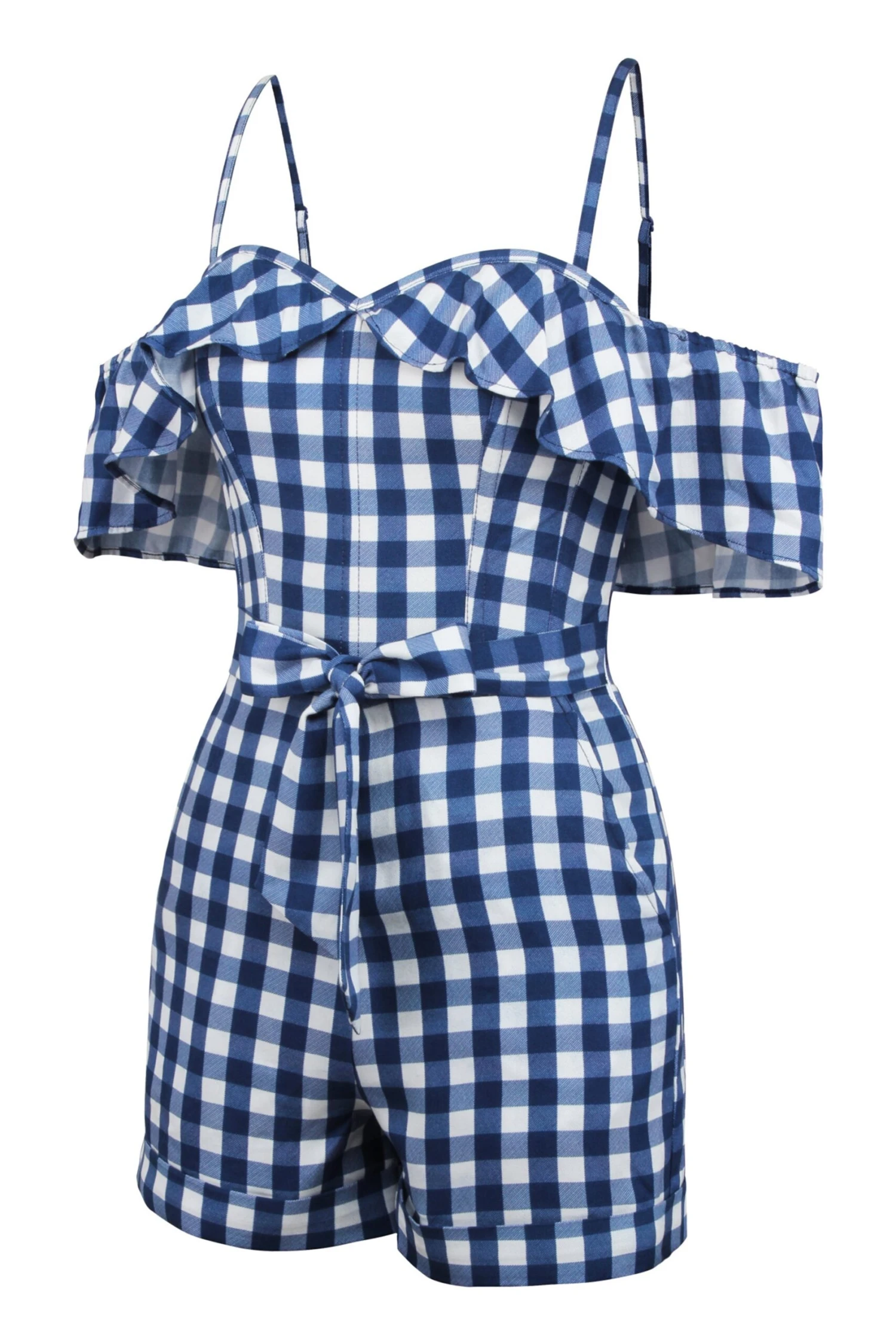Ivy Gingham Blue Viscose Corset Playsuit With Off The Shoulder Sleeves 11 Ivy Gingham Blue Viscose Corset Playsuit With Off The Shoulder Sleeves - Image 11