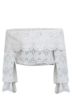 Rosalie White Broderie Anglaise Cotton Cropped Bardot Neckline Top