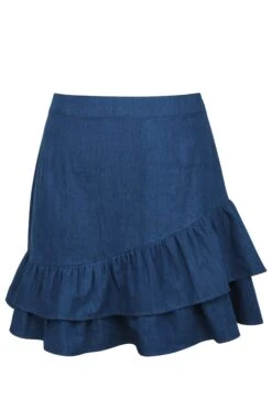Sammy Blue Chambray Skirt With Asymmetric Frill