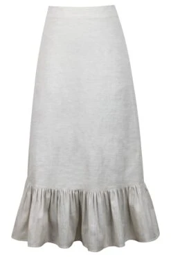 Olive Oatmeal Linen Blend Midi Skirt With Ruffle Hem