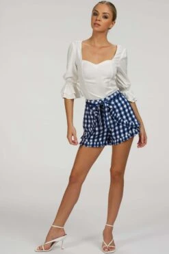 Daisy Gingham Blue Viscose Shorts With Frill Edge And Self Tie Belt -Corset Story SC 105 website 1