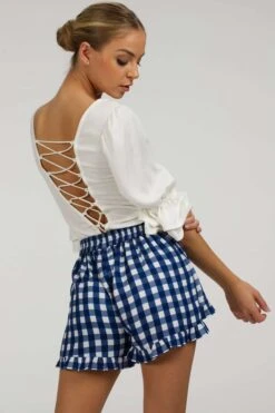 Daisy Gingham Blue Viscose Shorts With Frill Edge And Self Tie Belt -Corset Story SC 105 website 6
