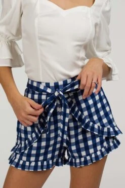 Daisy Gingham Blue Viscose Shorts With Frill Edge And Self Tie Belt -Corset Story SC 105 website 7