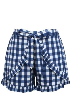 Daisy Gingham Blue Viscose Shorts With Frill Edge And Self Tie Belt