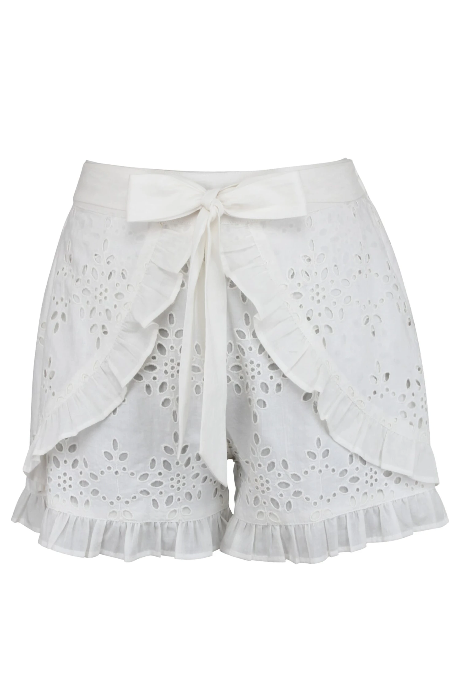Daisy White Broderie Anglaise Cotton Shorts With Frill Edge And Self Tie Belt 1 Daisy White Broderie Anglaise Cotton Shorts With Frill Edge And Self Tie Belt