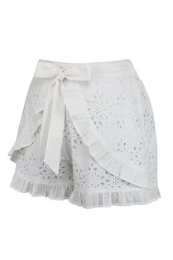 Daisy White Broderie Anglaise Cotton Shorts With Frill Edge And Self Tie Belt 5 Daisy White Broderie Anglaise Cotton Shorts With Frill Edge And Self Tie Belt -Corset Story SC 1063