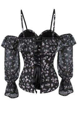 Long Sleeve Dark Ditsy Floral Corset Top With Cold Shoulder -Corset Story TYS5083
