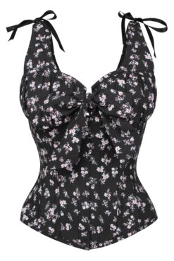 Dark Ditsy Floral Corset Top With Bow Detail