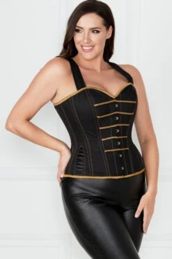 Black Denim Military Inspired Shoulder Strap Corset -Corset Story WTS505 3