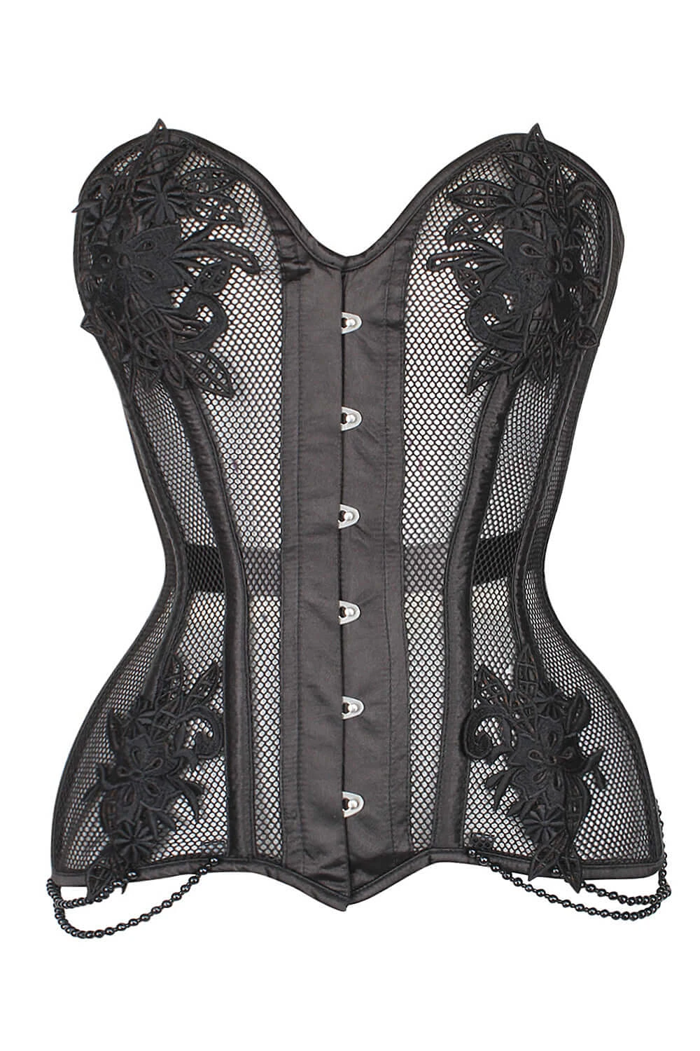 Black Mesh And Lace Appliqué Waist Taming Overbust Corset 1 Black Mesh And Lace Appliqué Waist Taming Overbust Corset