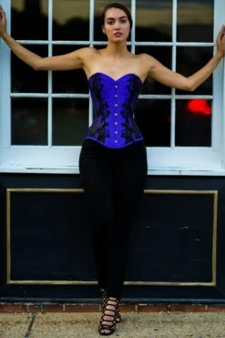 Navy Blue Longline Overbust Corset With Black Lace And Mesh Panels -Corset Story WTS518 website 6