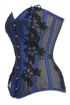 Navy Blue Longline Overbust Corset With Black Lace And Mesh Panels -Corset Story WTS518 2