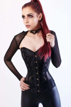 Black Longline Overbust Corset With Black Lace And Mesh Panels -Corset Story WTS519