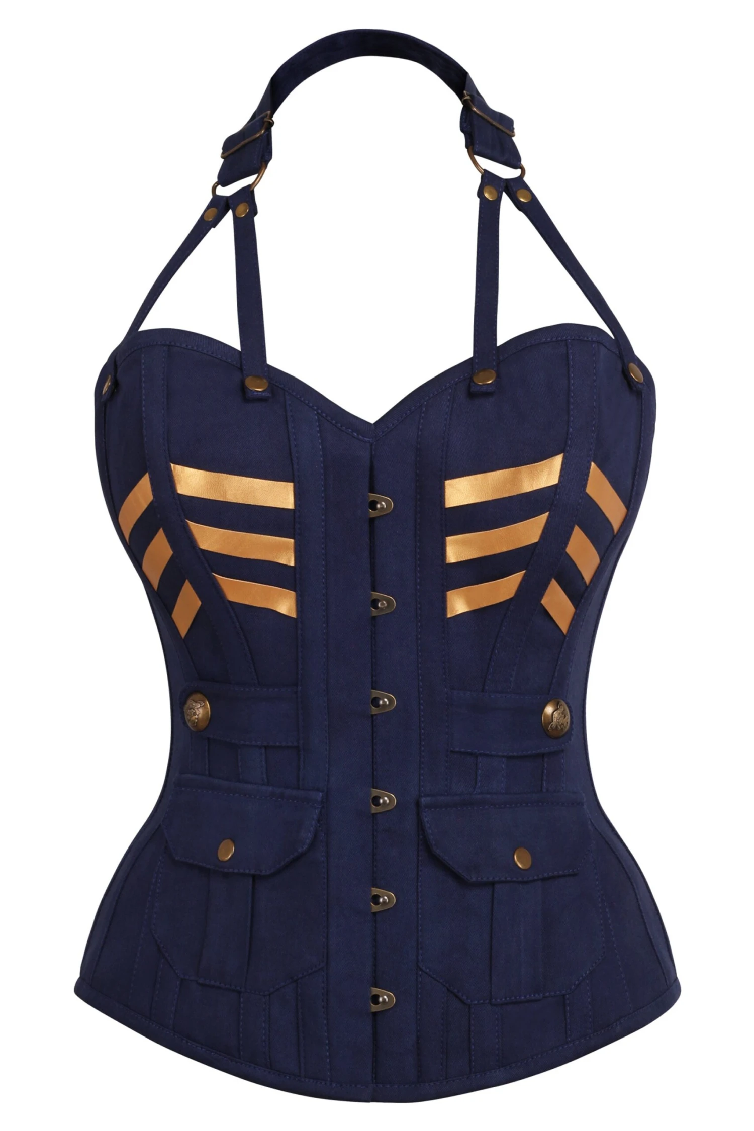 Navy Blue & Gold Military Inspired Burlesque Corset 1 Navy Blue & Gold Military Inspired Burlesque Corset