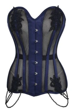 Navy Blue With Black Mesh And Lace Appliqué Waist Taming Overbust Corset