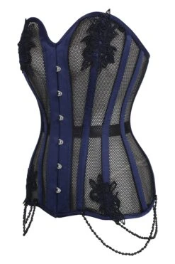 Navy Blue With Black Mesh And Lace Appliqué Waist Taming Overbust Corset -Corset Story WTS6073