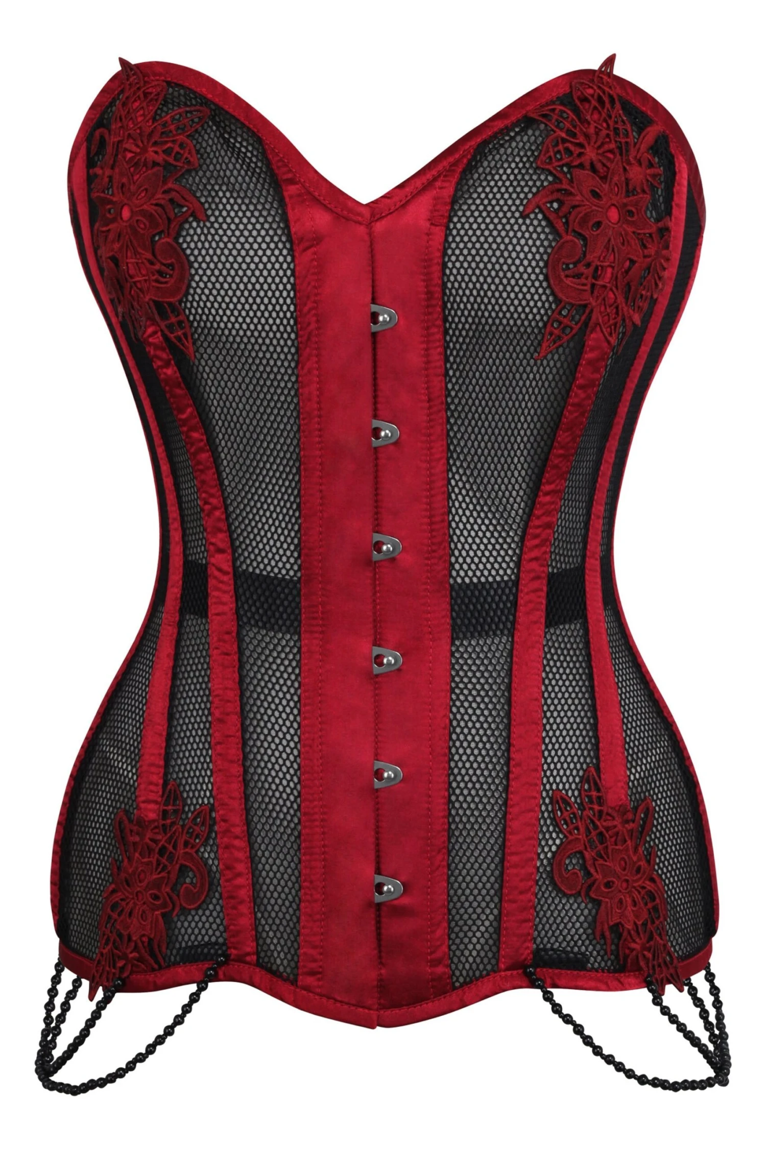 Burgundy With Black Mesh And Lace Appliqué Waist Taming Overbust Corset 1 Burgundy With Black Mesh And Lace Appliqué Waist Taming Overbust Corset