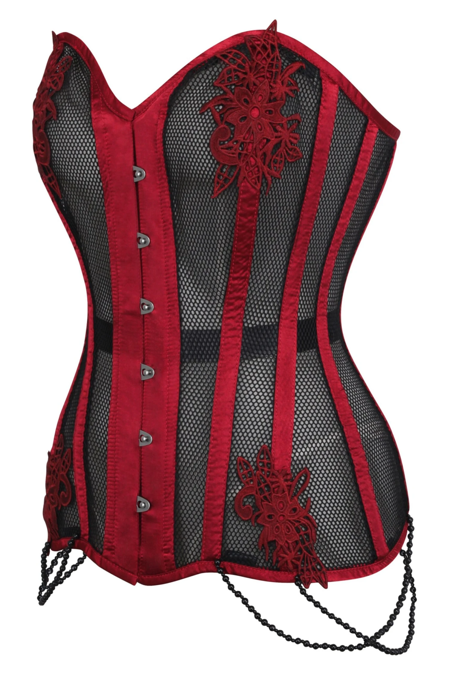Burgundy With Black Mesh And Lace Appliqué Waist Taming Overbust Corset 3 Burgundy With Black Mesh And Lace Appliqué Waist Taming Overbust Corset - Image 3