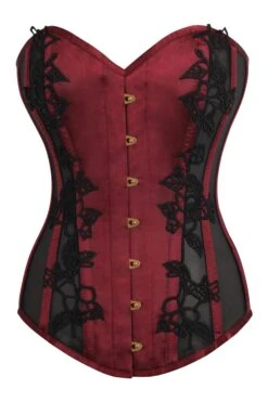 Burgundy Longline Overbust Corset With Black Lace And Mesh Panels