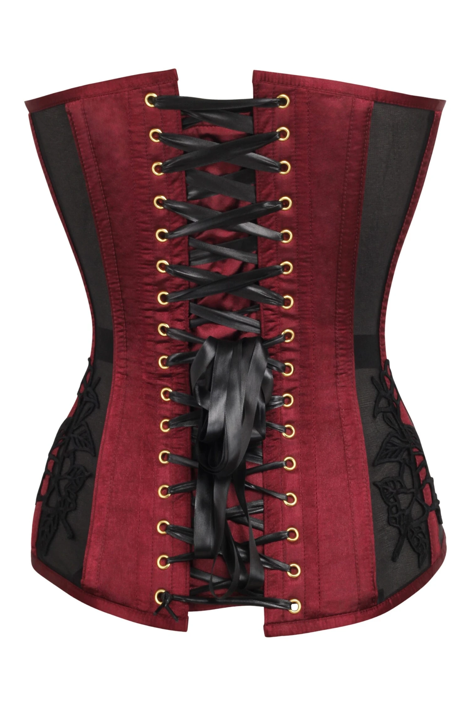 Burgundy Longline Overbust Corset With Black Lace And Mesh Panels 2 Burgundy Longline Overbust Corset With Black Lace And Mesh Panels - Image 2