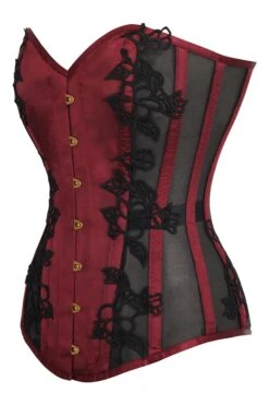 Burgundy Longline Overbust Corset With Black Lace And Mesh Panels 5 Burgundy Longline Overbust Corset With Black Lace And Mesh Panels -Corset Story WTS6123