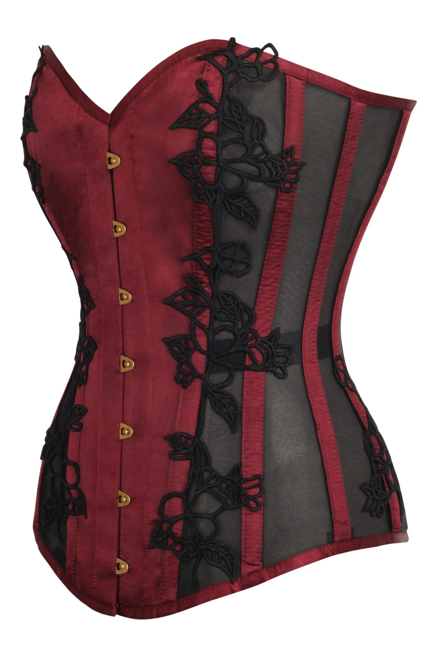 Burgundy Longline Overbust Corset With Black Lace And Mesh Panels 3 Burgundy Longline Overbust Corset With Black Lace And Mesh Panels - Image 3