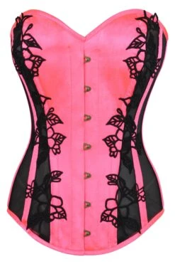 Hot Pink Longline Overbust Corset With Black Lace And Mesh Panels