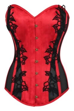 Lipstick Red Longline Overbust Corset With Black Lace And Mesh Panels