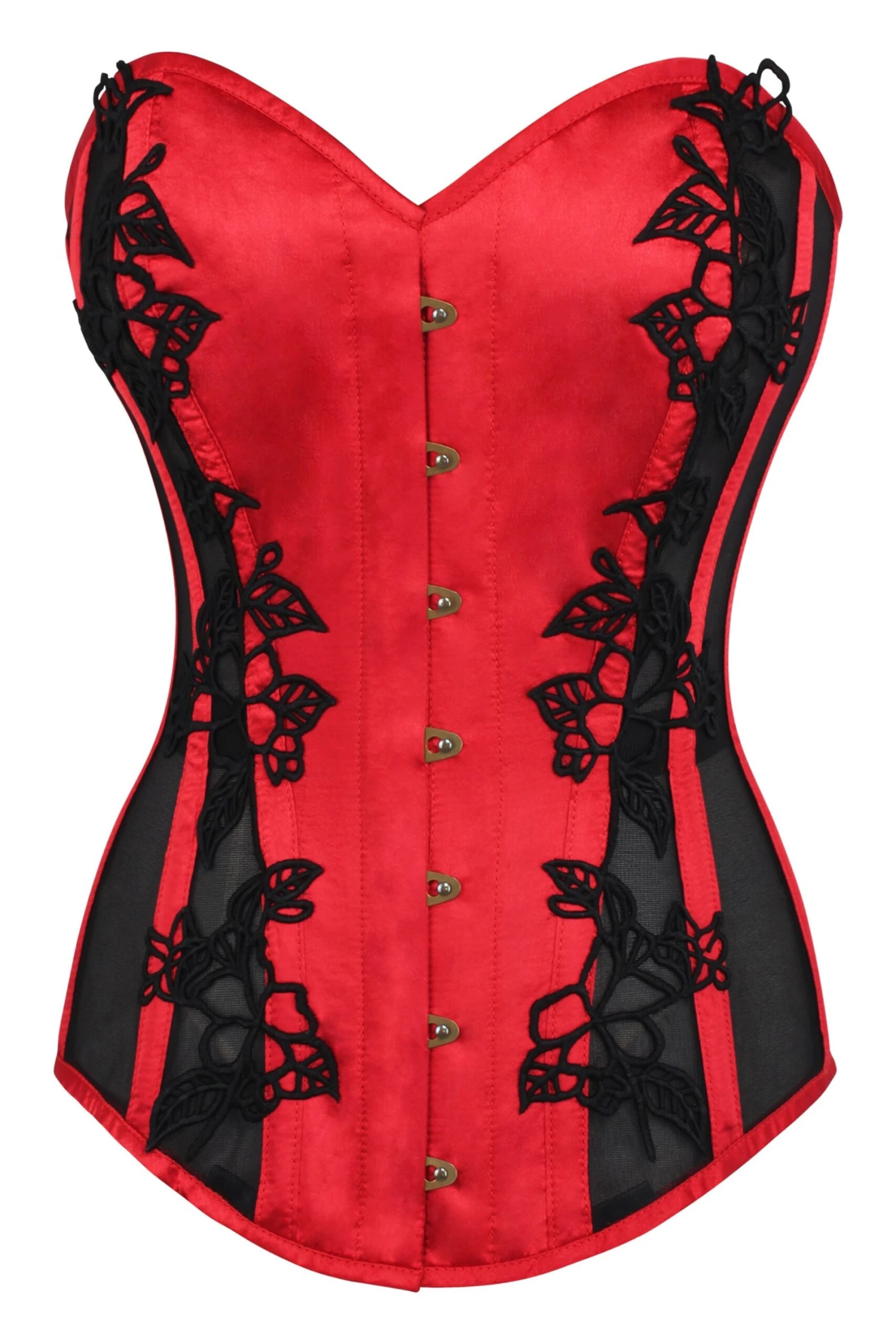 Lipstick Red Longline Overbust Corset With Black Lace And Mesh Panels 1 Lipstick Red Longline Overbust Corset With Black Lace And Mesh Panels