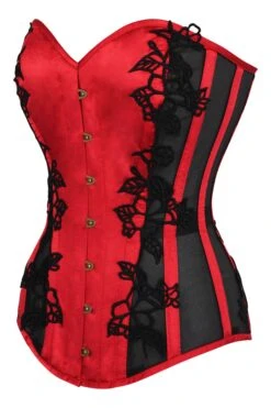 Lipstick Red Longline Overbust Corset With Black Lace And Mesh Panels 5 Lipstick Red Longline Overbust Corset With Black Lace And Mesh Panels -Corset Story WTS6203