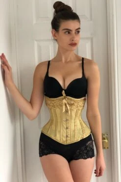 Gold Satin Bridal Corset With Super Fine Mesh Panels 35 Gold Satin Bridal Corset With Super Fine Mesh Panels -Corset Story WTS703 October 2020 webaite 1