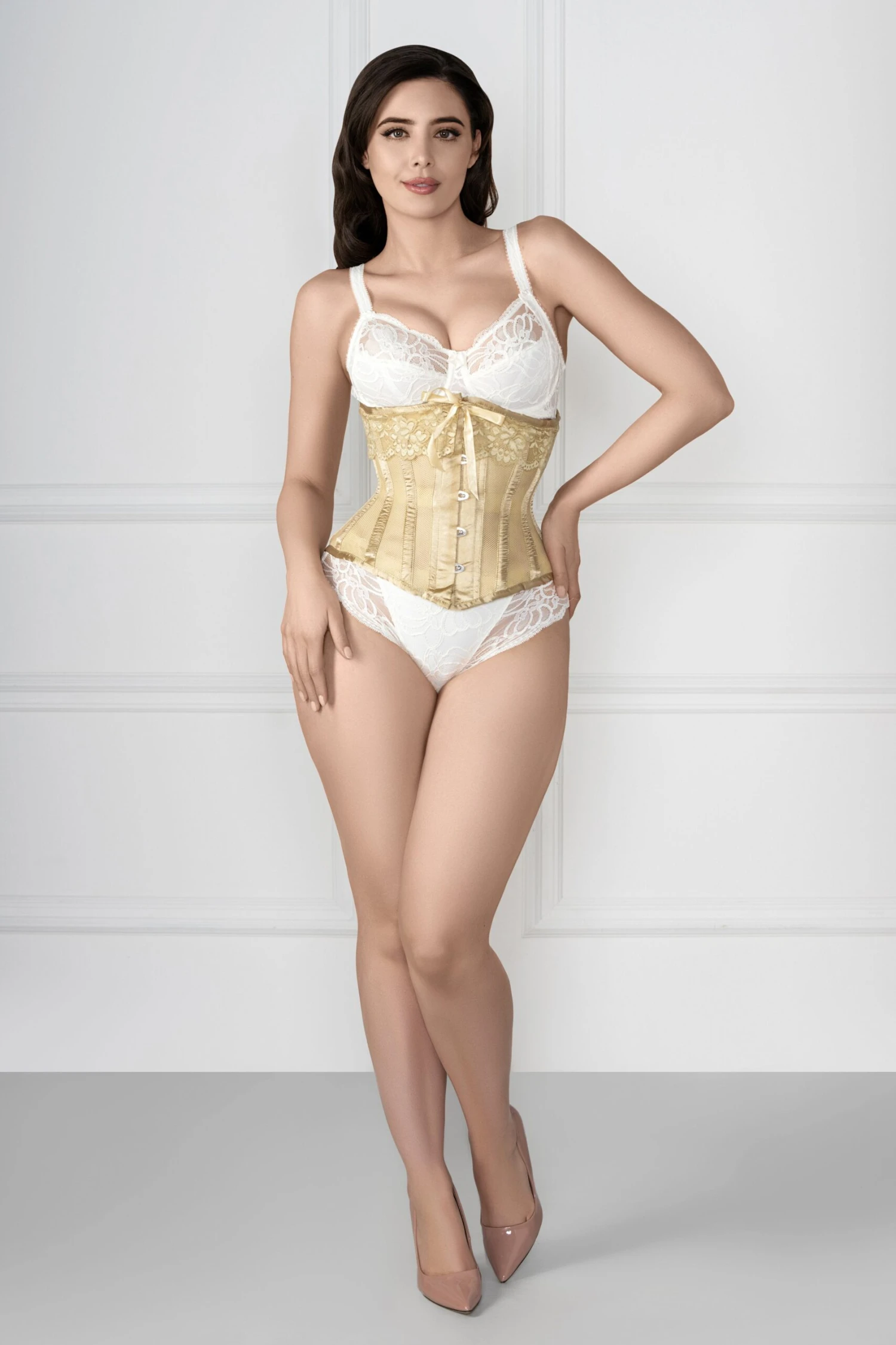 Gold Satin Bridal Corset With Super Fine Mesh Panels 20 Gold Satin Bridal Corset With Super Fine Mesh Panels - Image 20