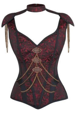 Red Brocade Closed Front Epaulettes Corset