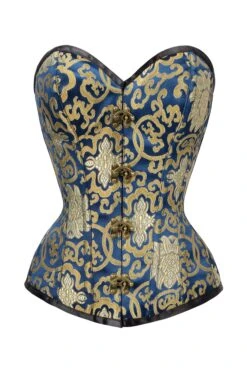 Blue With Gold Brocade Pattern Overbust With Hooks