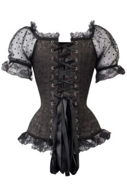 Black Brocade Overbust With Court Neck And Sleeves -Corset Story csft095 back 1