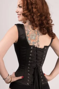 Classic Waist Taming Black Satin Overbust With Straps 8 Classic Waist Taming Black Satin Overbust With Straps -Corset Story my 023 back 3